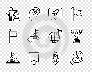Set line Mountains with flag, Hand holding Earth globe, Rocket ship, Flag, Chess, and Award cup icon. Vector