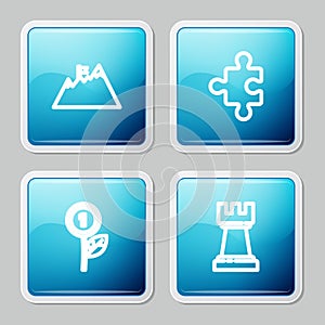 Set line Mountains with flag, Piece of puzzle, Dollar plant and Chess icon. Vector