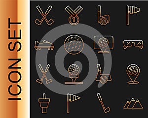 Set line Mountains, Location golf sport club, Glasses, Golf with ball, shoe, Crossed and label icon. Vector