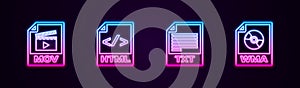 Set line MOV file document, HTML, TXT and WMA. Glowing neon icon. Vector