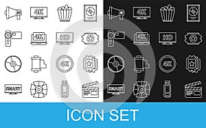 Set line Movie clapper, Cinema ticket, Popcorn box, Laptop with 4k video, camera, Megaphone and Smart display HD icon
