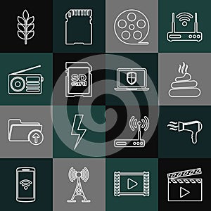 Set line Movie clapper, Hair dryer, Shit, Film reel, SD card, Radio, Wheat and Laptop with shield icon. Vector