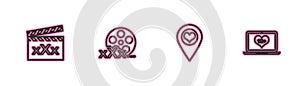 Set line Movie clapper with Sex, Location heart, Film reel and Laptop 18 plus content icon. Vector