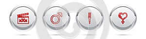 Set line Movie clapper with Sex, Male gender symbol, Spanking paddle and Female and heart. Silver circle button. Vector