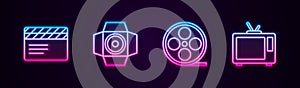 Set line Movie clapper, spotlight, Film reel and Retro tv. Glowing neon icon. Vector