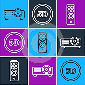 Set line Movie, film, media projector, Remote control and 5d virtual reality icon. Vector