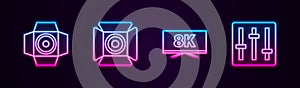 Set line Movie spotlight, , Screen tv with 8k and Sound mixer controller. Glowing neon icon. Vector