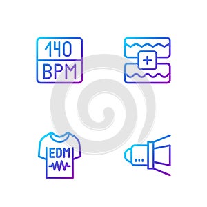 Set line Movie spotlight, T-shirt, Bitrate and Music wave equalizer. Gradient color icons. Vector