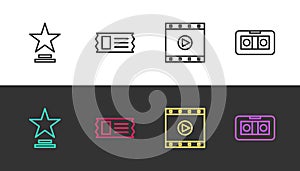 Set line Movie trophy, Cinema ticket, Play Video and VHS video cassette tape on black and white. Vector