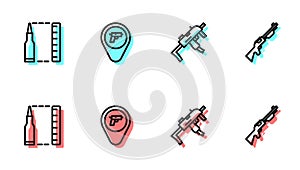 Set line MP9I submachine gun, Bullet, Location with weapon and Hunting icon. Vector