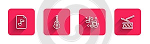 Set line MP3 file document, Guitar, Music note, tone and Drum with drum sticks with long shadow. Red square button