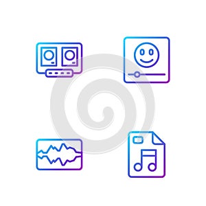 Set line MP3 file document, Music wave equalizer, DJ remote and mixing music and player. Gradient color icons. Vector