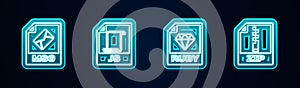 Set line MSG file document, JS, RUBY and ZIP. Glowing neon icon. Vector