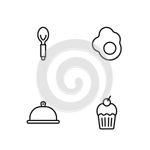 Set line Muffin, Covered with tray of food, Spoon and Scrambled egg icon. Vector
