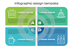 Set line Mulled wine, Gift box, Birthday cake candles and Cake with burning candles. Business infographic template