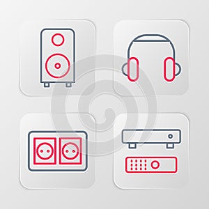 Set line Multimedia and TV box, Electrical outlet, Headphones and Stereo speaker icon. Vector