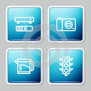Set line Multimedia and TV box, Photo camera, Electric kettle and Traffic light icon. Vector