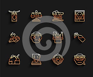 Set line Murder, Kidnaping, Money laundering, Headshot, Bandit, Cocktail molotov and Broken window icon. Vector