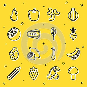 Set line Mushroom, Green peas, Beet, Beans, Cabbage, Orange fruit, Pear and Spinach icon. Vector