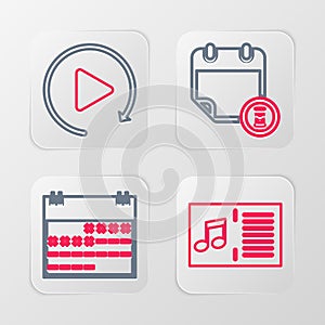 Set line Music book with note, Calendar, and clock and Video play button icon. Vector
