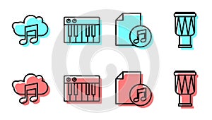 Set line Music book with note, Music streaming service, Music synthesizer and Drum icon. Vector