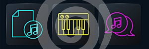 Set line Music book with note, Musical note in speech bubble and Music synthesizer. Black square button. Vector