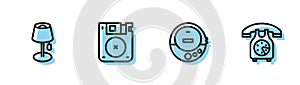 Set line Music CD player, Floor lamp, Floppy disk and Telephone handset icon. Vector