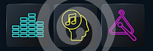 Set line Music equalizer, Triangle musical instrument and Musical note in human head. Black square button. Vector