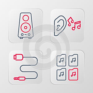 Set line Music file document, Audio jack, Ear listen sound signal and Stereo speaker icon. Vector
