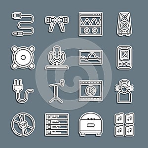 Set line Music file document, Man in headphones, player, Oscilloscope, Microphone, Stereo speaker, Audio jack and wave