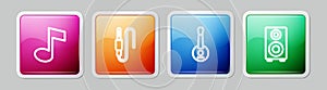 Set line Music note, tone, Audio jack, Banjo and Stereo speaker. Colorful square button. Vector