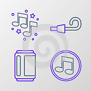 Set line Music note, tone, Beer can, Birthday party horn and icon. Vector