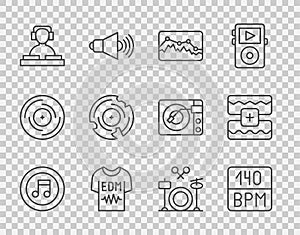 Set line Music note, tone, Bitrate, wave equalizer, T-shirt, DJ playing music, Vinyl disk, Drums and icon. Vector