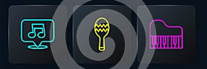 Set line Music note, tone, Grand piano and Maracas. Black square button. Vector