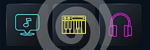 Set line Music note, tone, Headphones and synthesizer. Black square button. Vector