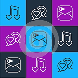 Set line Music note, tone with hearts, Envelope Valentine and Heart speech bubble icon. Vector