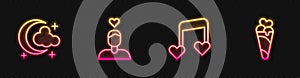 Set line Music note, tone with hearts, Moon and stars, Couple in love and Ice cream waffle cone. Glowing neon icon