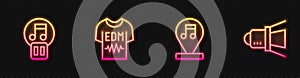 Set line Music note, tone, Pause button, T-shirt and Movie spotlight. Glowing neon icon. Vector