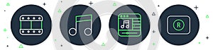 Set line Music note, tone, player, Play video and Record button icon. Vector