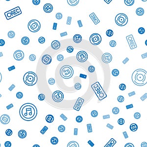 Set line Music note, tone, Record button and Vinyl disk on seamless pattern. Vector