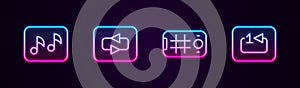 Set line Music note, tone, Repeat button, Selfie mobile and track music player. Glowing neon icon. Vector