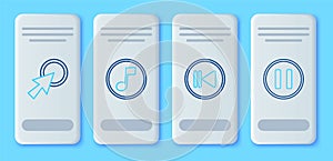 Set line Music note, tone, Rewind, Arrow cursor and Pause button icon. Vector