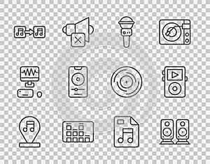 Set line Music note, tone, Stereo speaker, Microphone, equalizer, player, MP3 file document and icon. Vector