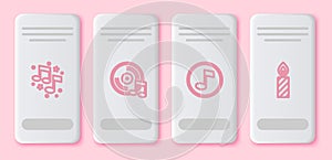 Set line Music note, tone, Vinyl disk, and Birthday cake candles. White rectangle button. Vector