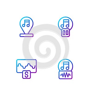 Set line Music note, tone, wave equalizer, and Pause button. Gradient color icons. Vector