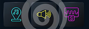 Set line Music note, tone, wave equalizer and Speaker volume. Black square button. Vector