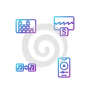 Set line Music player, note, tone, equalizer and wave. Gradient color icons. Vector