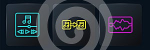 Set line Music player, wave equalizer and note, tone. Black square button. Vector
