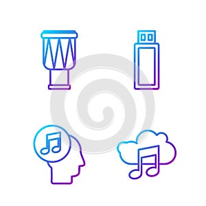 Set line Music streaming service, Musical note in human head, Drum and USB flash drive. Gradient color icons. Vector