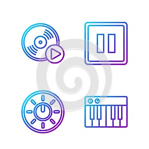 Set line Music synthesizer, Dial knob level technology settings, Vinyl disk and Pause button. Gradient color icons